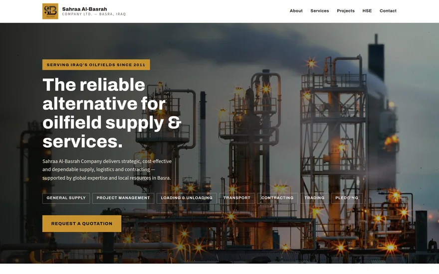 Screenshot of the Sahraa Al-Basrah oilfield supply and services website